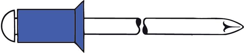 Rysunek niebieskiej nitki zaczepowej z tuleją po lewej stronie i trzpieniem po prawej stronie.