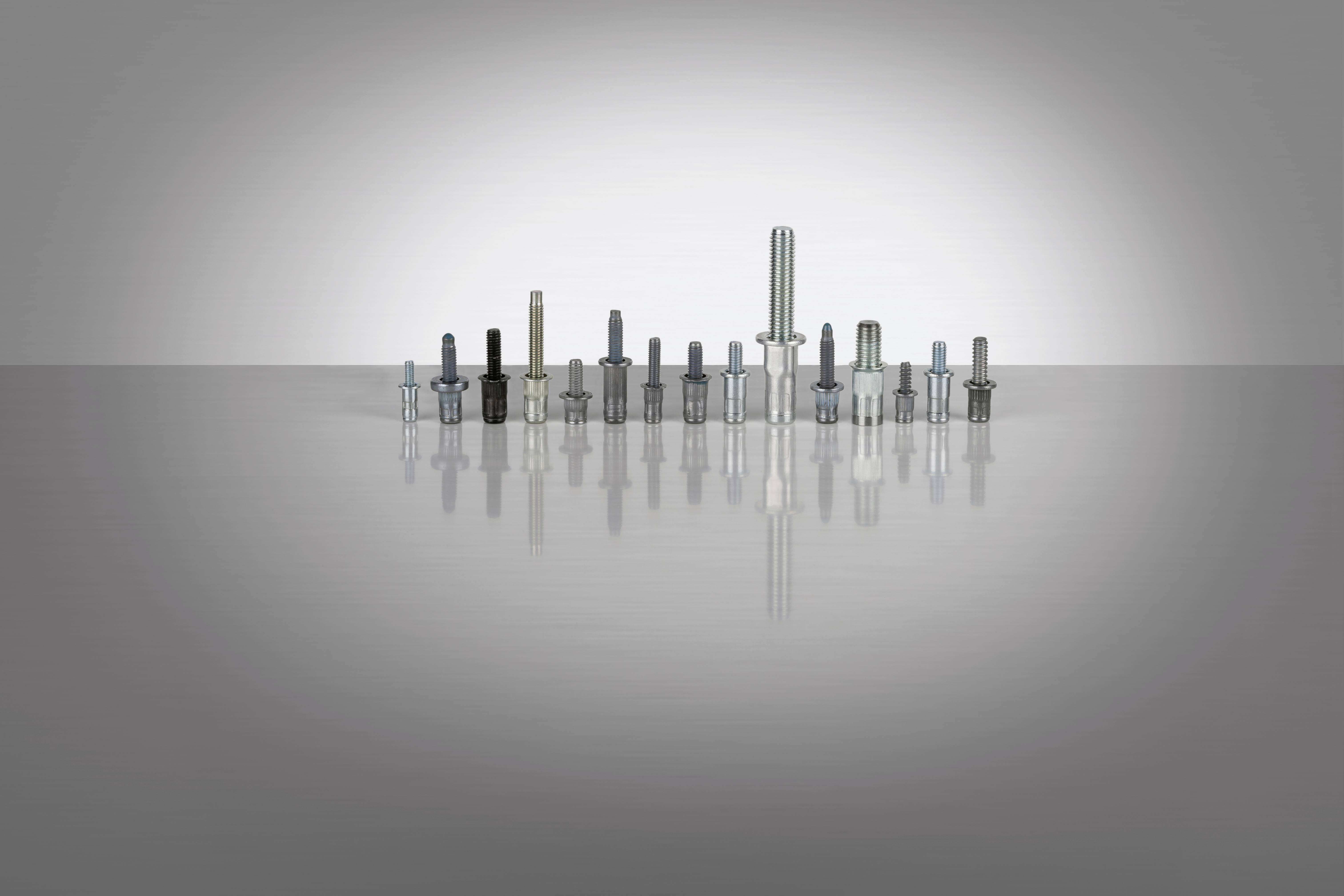 Seria różnych śrub i śrub dwustronnych w różnych rozmiarach i kształtach stoi pionowo na lustrzanej powierzchni.