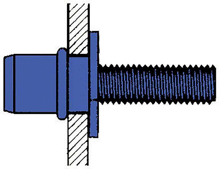Widok poprzeczny śruby w ścianie z podkładką mocującą. Śruba z gwintem po prawej stronie, a łbem po lewej stronie.