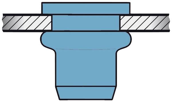 Przekrój niebieskiej uszczelki mechanicznej łączącej dwie rury. Przedstawiono dopasowanie i powierzchnię uszczelniającą.
