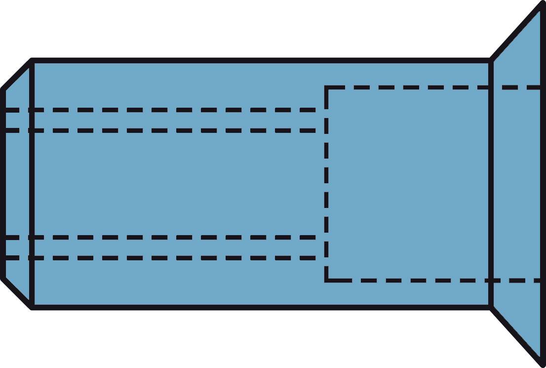 Niebieski arkusz do wycinania i składania z liniami cięcia i zagięć, szablon prostokątnego pudełka z pokrywką, widziany z góry.