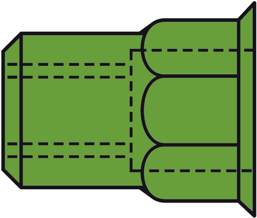 Rysunek techniczny zielonego elementu maszyny o prostokątnym kształcie głównym i falistych końcówkach, przedstawiony za pomocą linii kreskowanych.