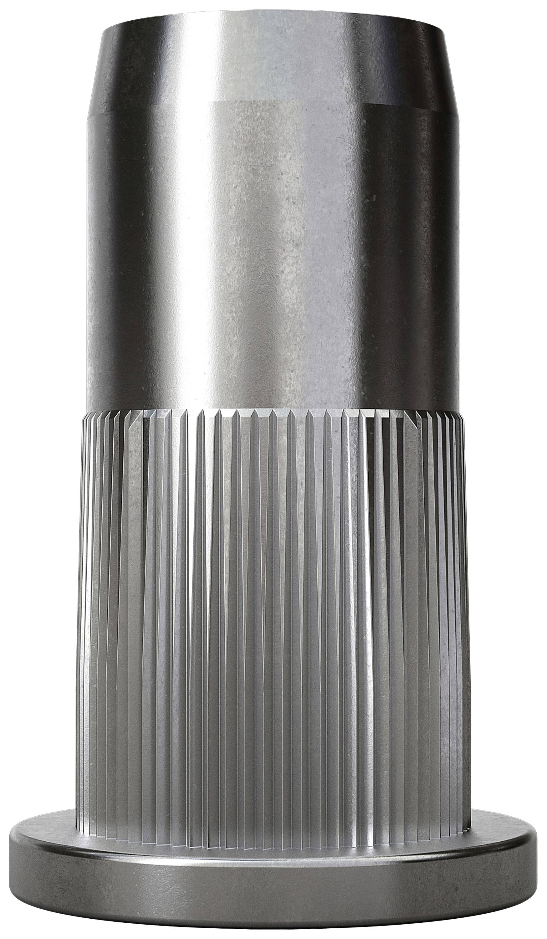 Błyszczący, metaliczny element maszyny o kształcie cylindrycznym z żebrowaną powierzchnią, stojący na płaskiej podstawie.