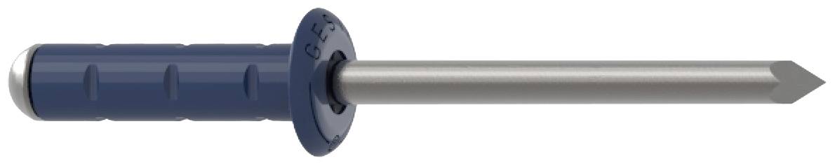 Niebieski kołek rozporowy z metalową śrubą, ułożony poziomo, gotowy do zamontowania.