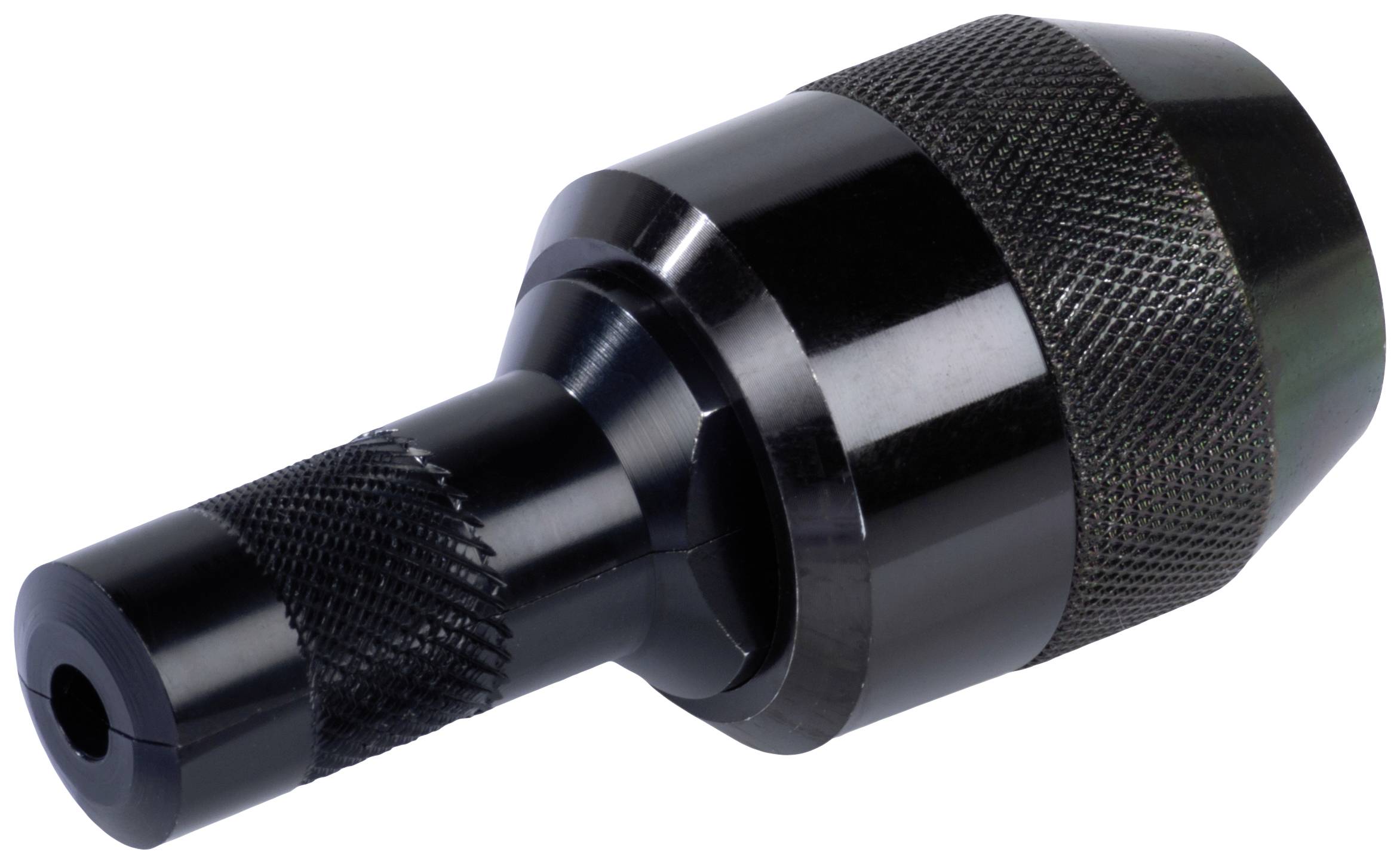 Uchwyt wiertarski metalowy z antypoślizgową strukturą uchwytu, o cylindrycznym kształcie i błyszczącej powierzchni. Odpowiedni do precyzyjnego wiercenia.