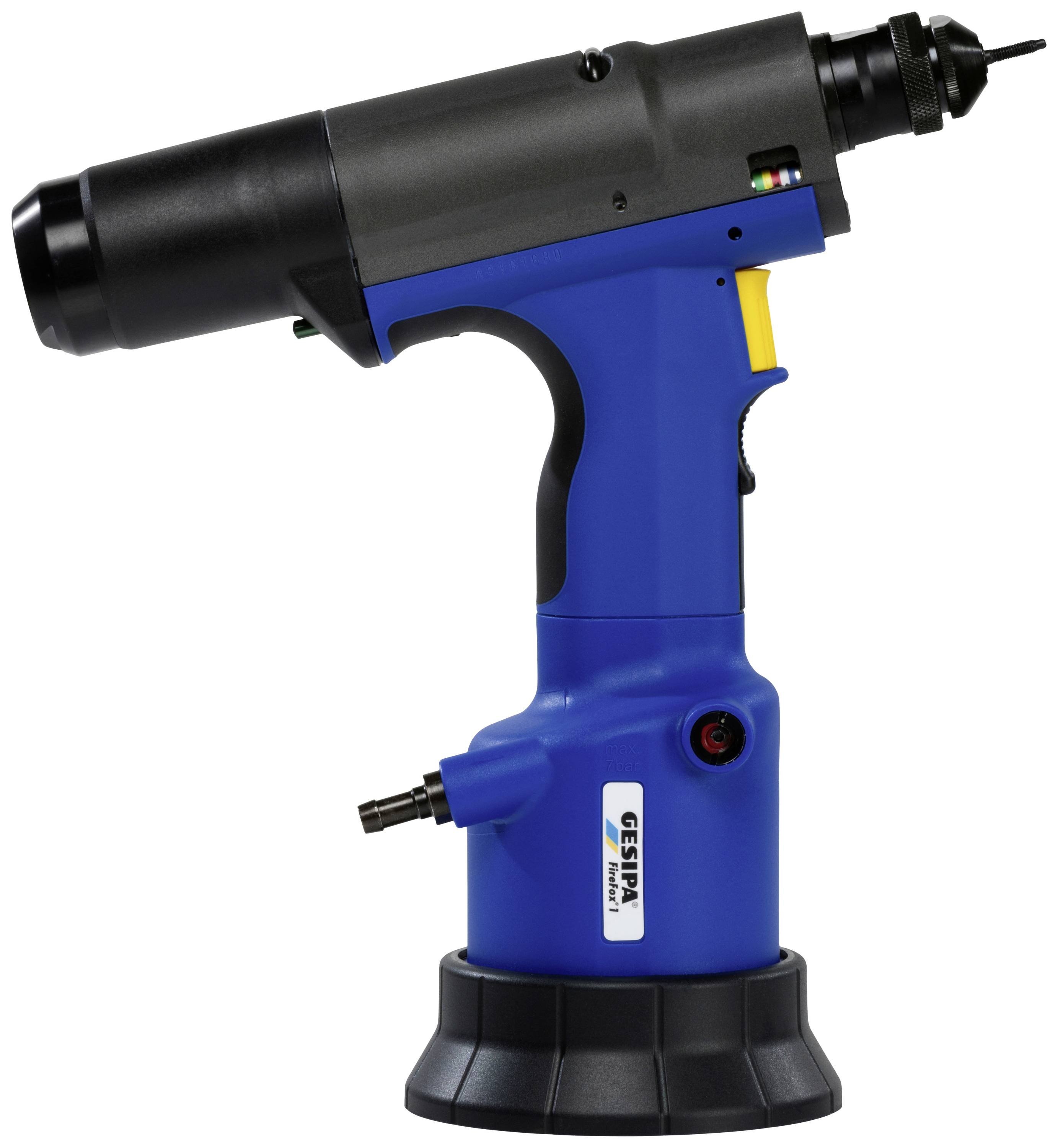 Pistolet do nitowania w kolorach niebieskim i czarnym z ergonomicznym uchwytem i spuskiem, odpowiedni do zastosowań przemysłowych w branży metalowej.