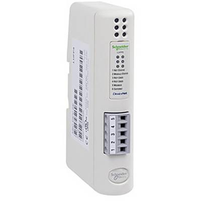 Białe urządzenie elektroniczne z wieloma diodami LED i portami. Na obudowie napisy "Schneider Electric" oraz "Compact".