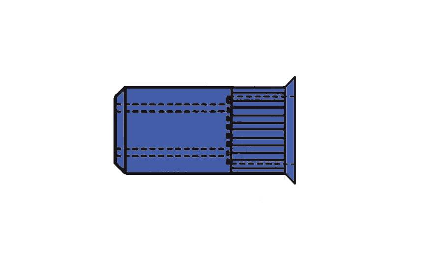 Rysunek techniczny niebieskiego kołka rozporowego z żebrowanym trzpieniem i płaską główką, widziany z boku, ilustrujący sposób mocowania.