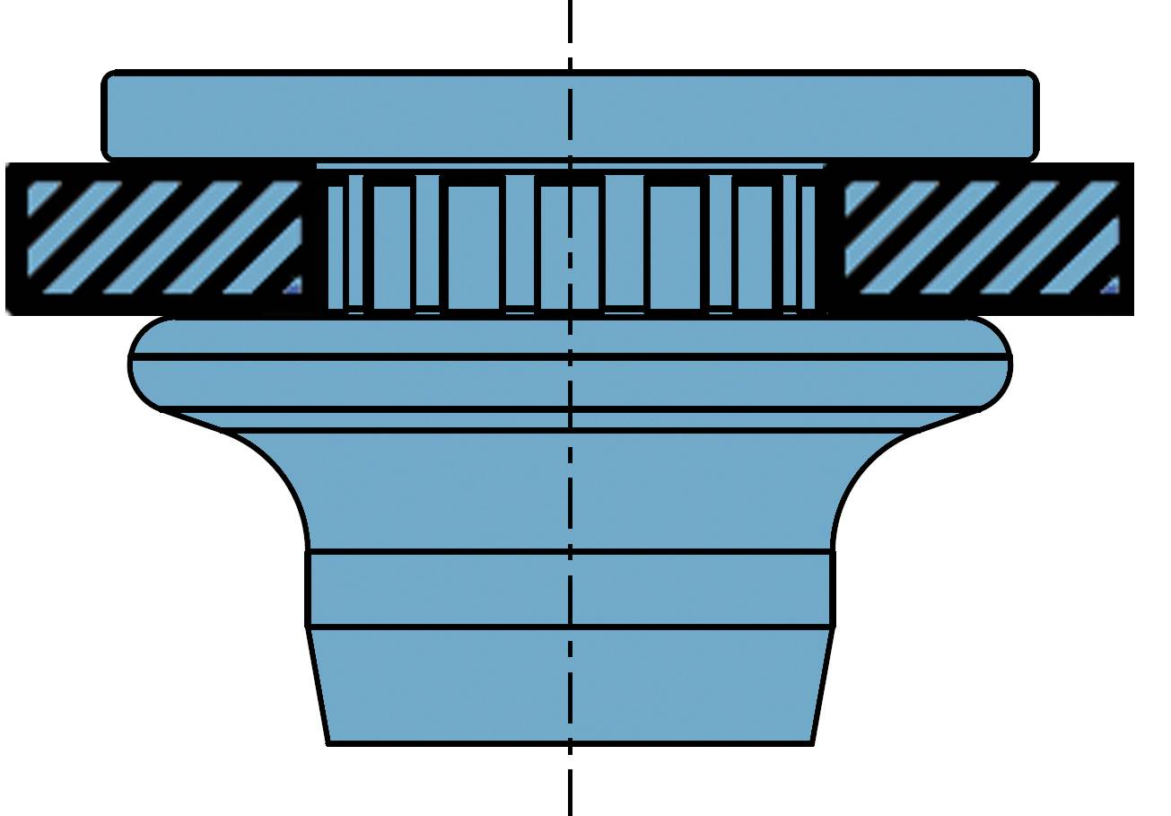 Rysunek techniczny przekroju łożyska tocznego przedstawiający wewnętrzną strukturę i rozmieszczenie elementów.