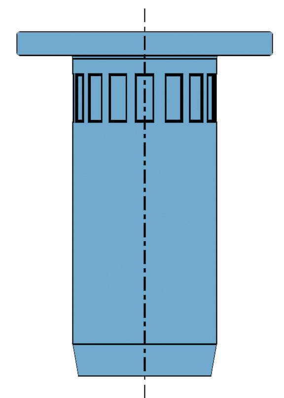 Rysunek techniczny niebieskiego cylindra z pionowymi lamelami i poziomą górną powierzchnią, symetrycznie podzielonego.