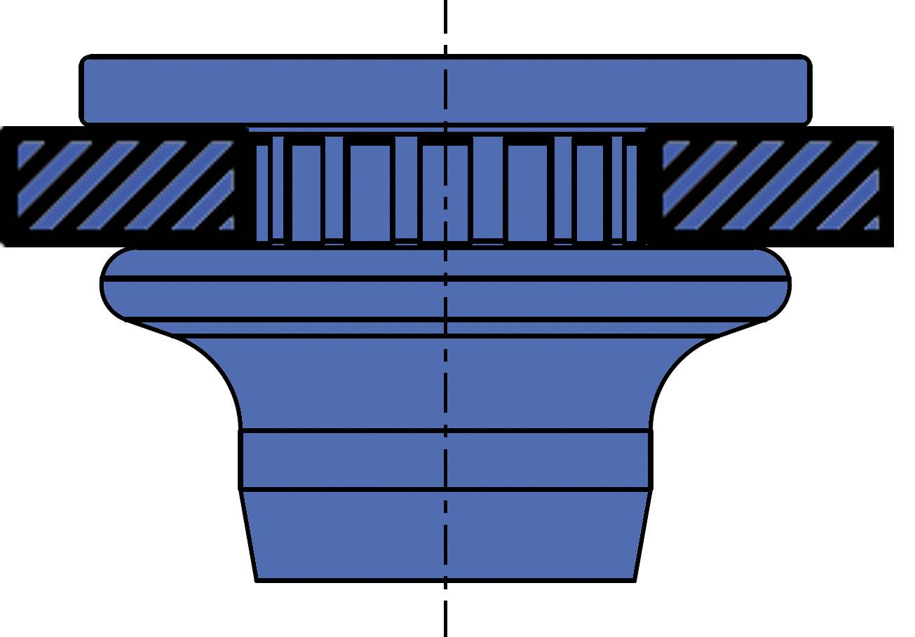 Niebieskie techniczne diagram: Przekrój połączenia mechanicznego z rowkami i uszczelnieniami, wyśrodkowany centralnie.