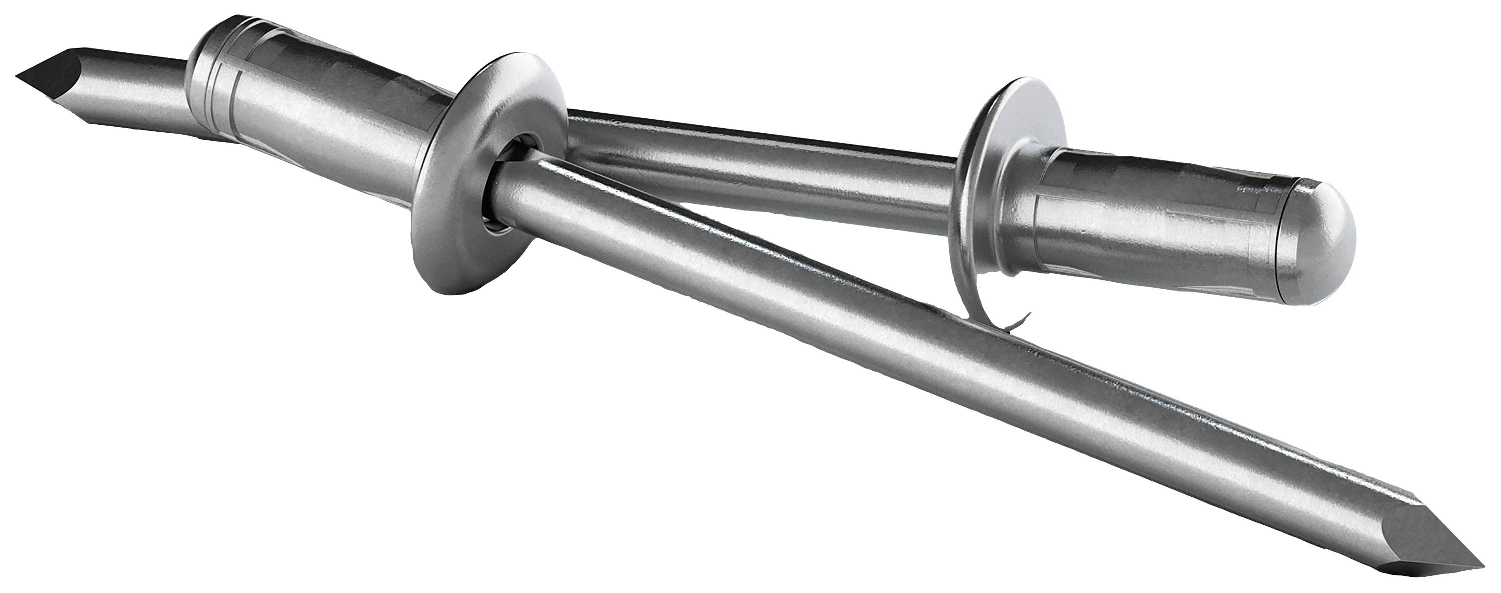 Dwa srebrne nity ślepe ułożone krzyżowo na białym tle.