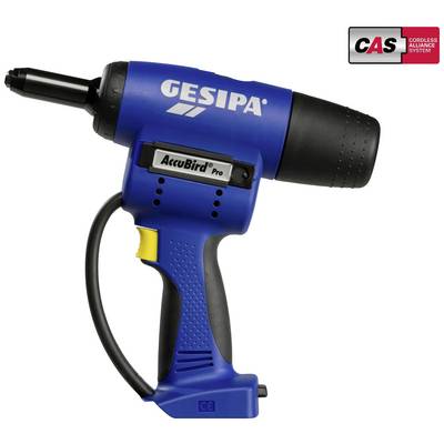 Niebieskie akumulatorowe narzędzie nitujące z napisem 'GESIPA' i 'AccuBird Pro'. W prawym górnym rogu logo 'CAS Cordless Alliance System'.