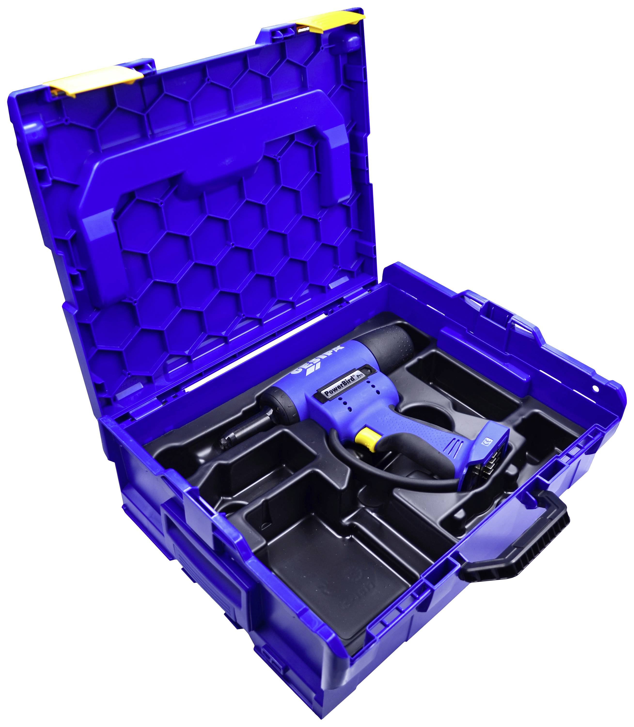 Niebieski kufer na narzędzia z elektronarzędziem bezpiecznie umieszczonym w przegrodach wewnątrz walizki. Kufer posiada uchwyt do przenoszenia z przodu.