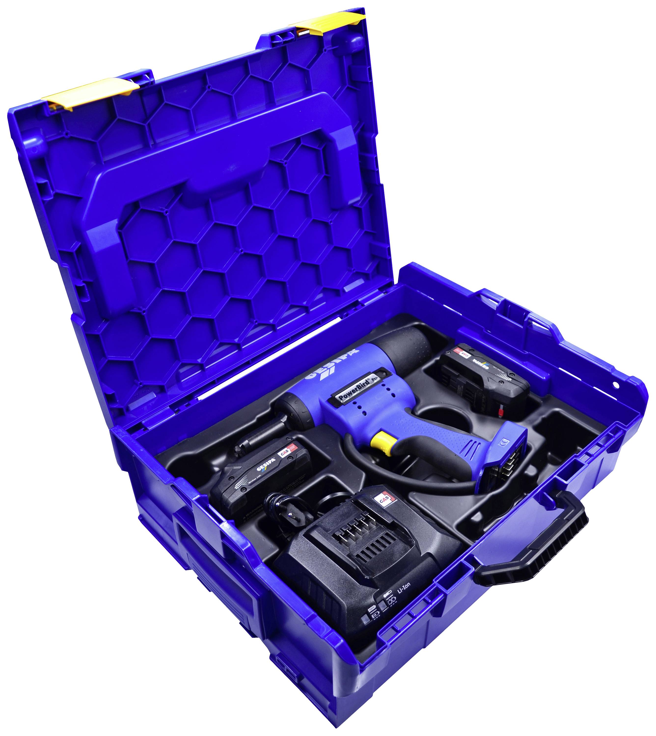 Niebieska skrzynka narzędziowa z niebieskim wkrętarką akumulatorową, dwoma akumulatorami i ładowarką.