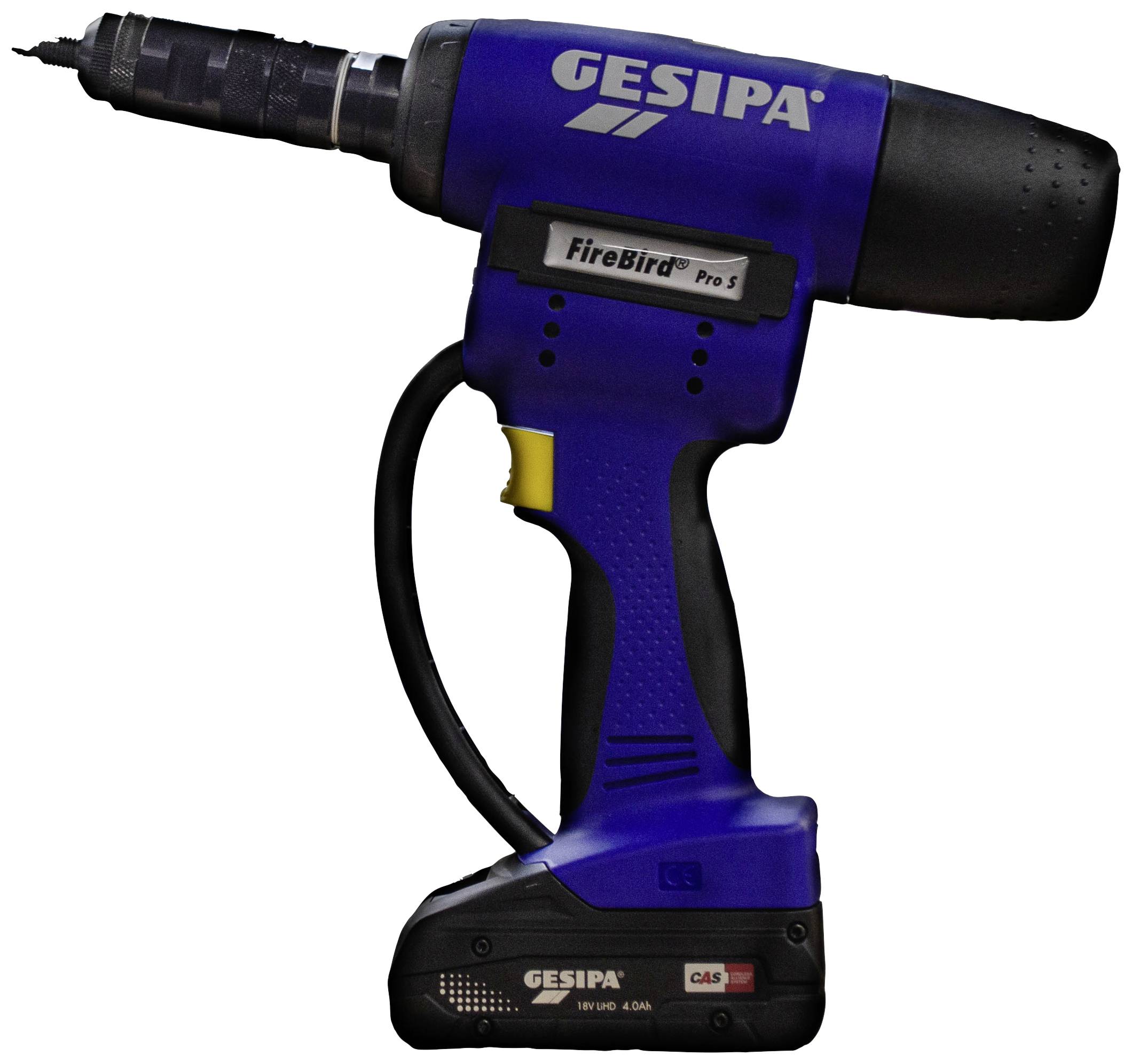 Elektryczne narzędzie do nitowania 'FireBird Pro S' firmy GESIPA, w kolorze niebiesko-czarnym, 'Akkurat Kreppband', przeznaczone do nitowania jednostronnego, wyposażone w akumulator.