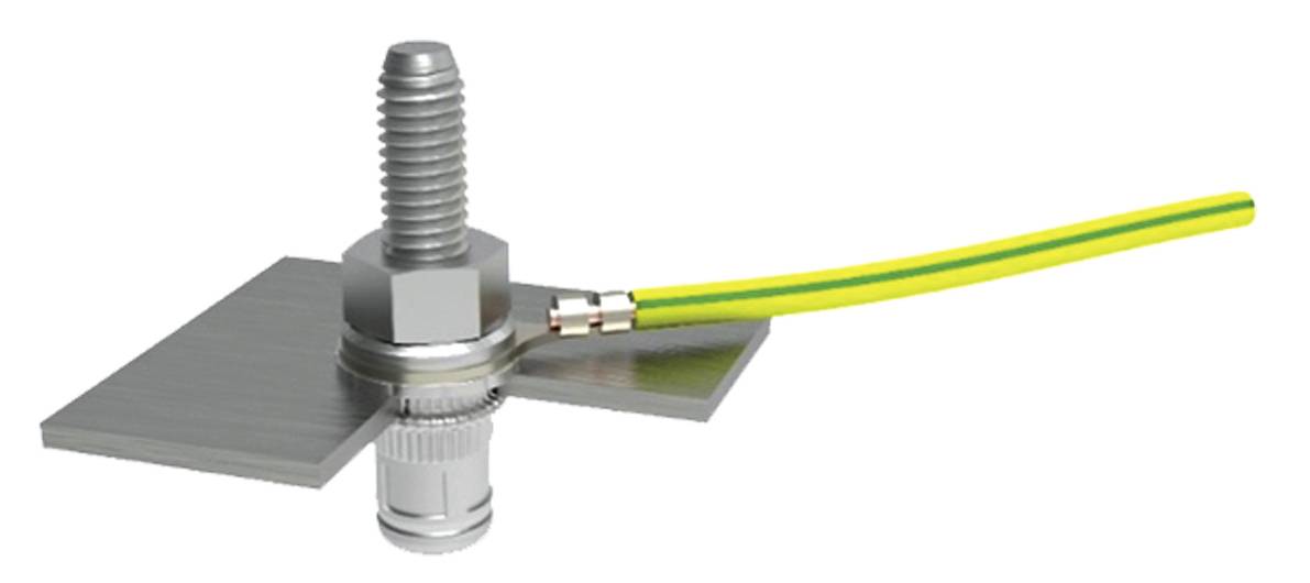 Śruba z przewodem uziemiającym i złączem płaskim, przewód uziemiający jest w kolorze żółto-zielonym w paski.