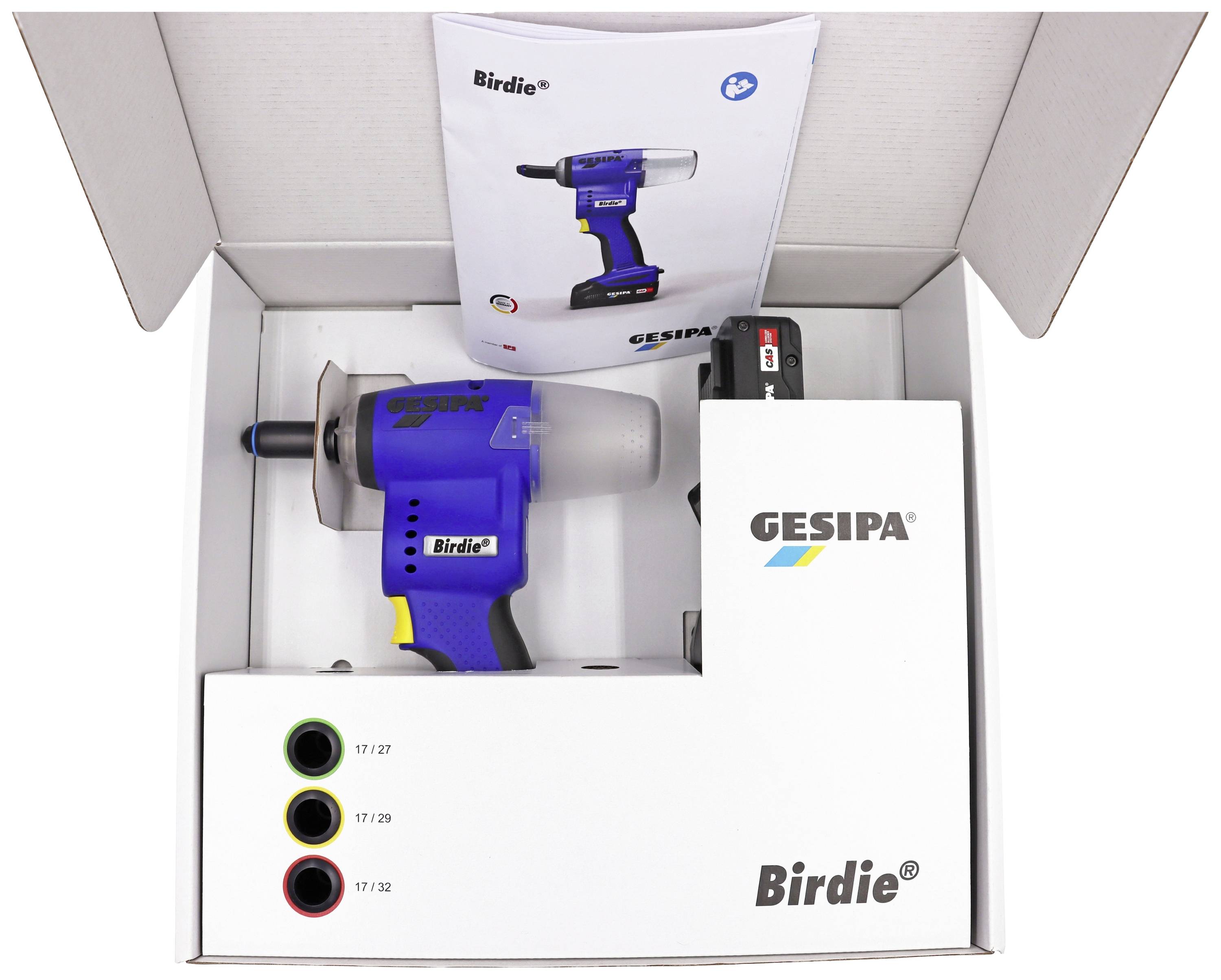 Otwarte opakowanie z niebieskim akumulatorowym wkrętakiem marki 'Birdie' firmy GESIPA, wraz z instrukcją i akcesoriami w różnych rozmiarach.