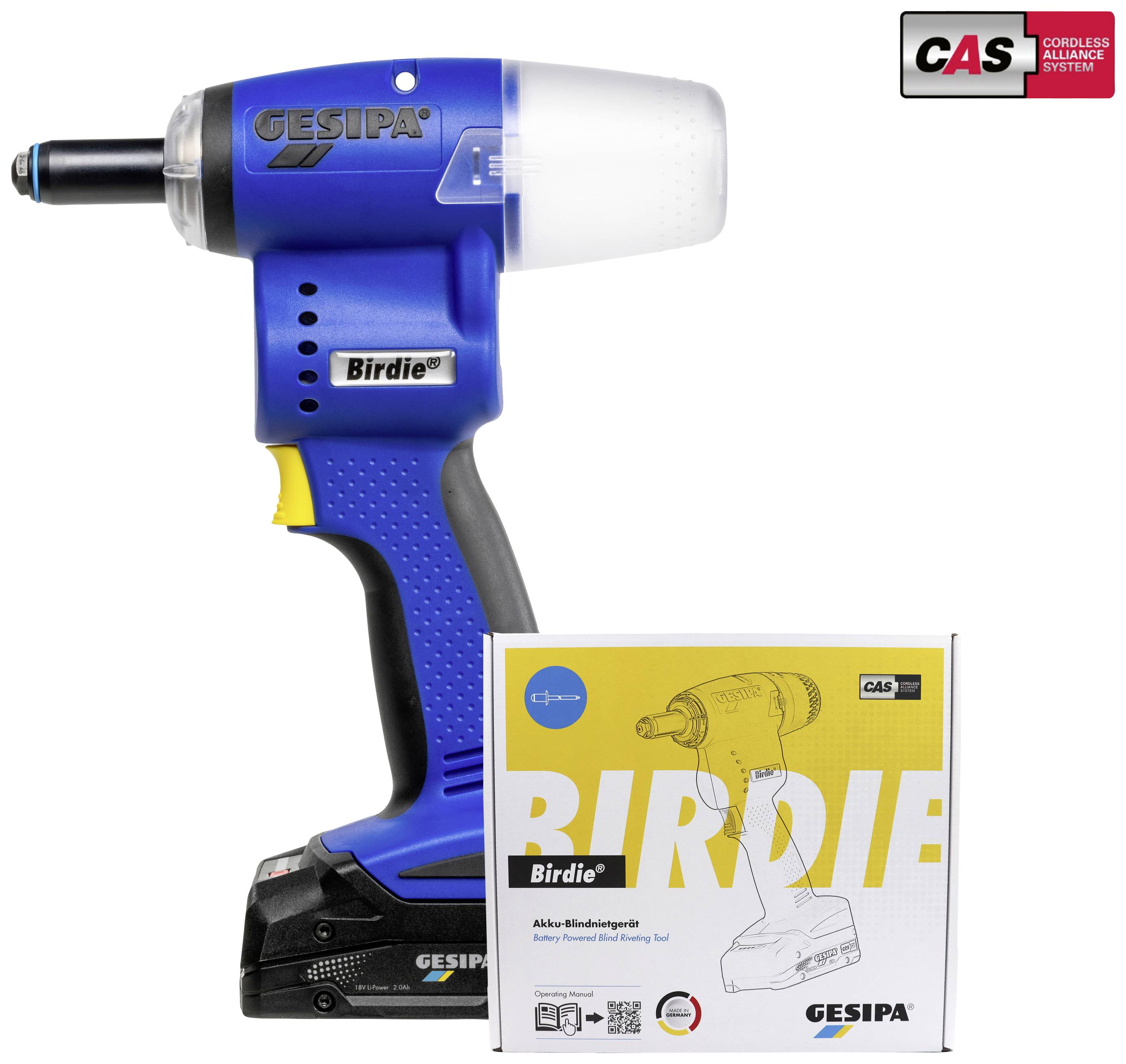 Niebieskie akumulatorowe narzędzie do ślepych nitów 'Birdie' firmy GESIPA z ładowarką, obok którego znajduje się opakowanie z ilustracją i informacjami o produkcie.