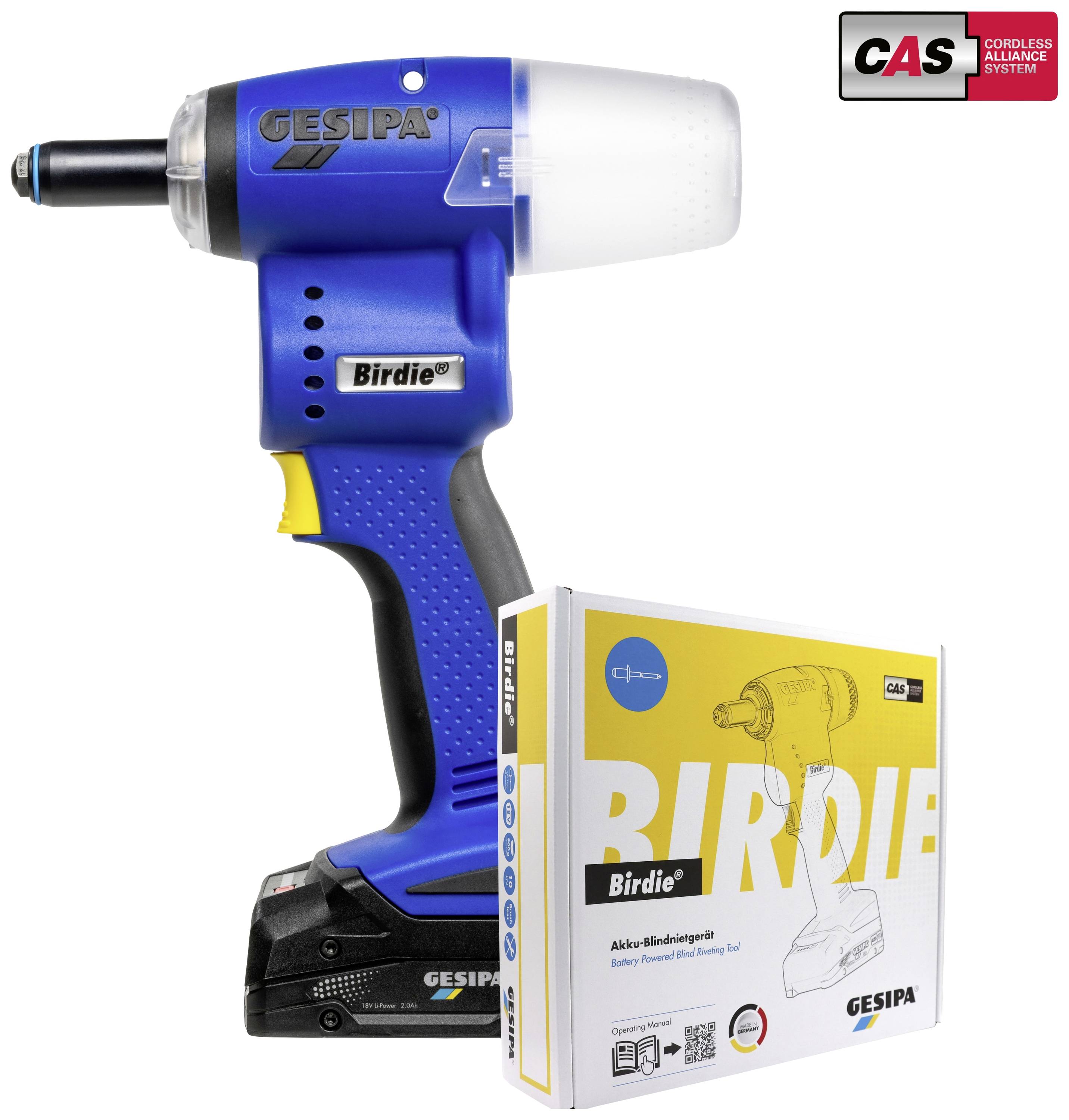 Urządzenie do zaślepek akumulatorowych w kolorze niebieskim o nazwie 'Birdie'. Na górze logo 'CAS' systemu Cordless Alliance. Na pierwszym planie widoczne jest opakowanie produktu.