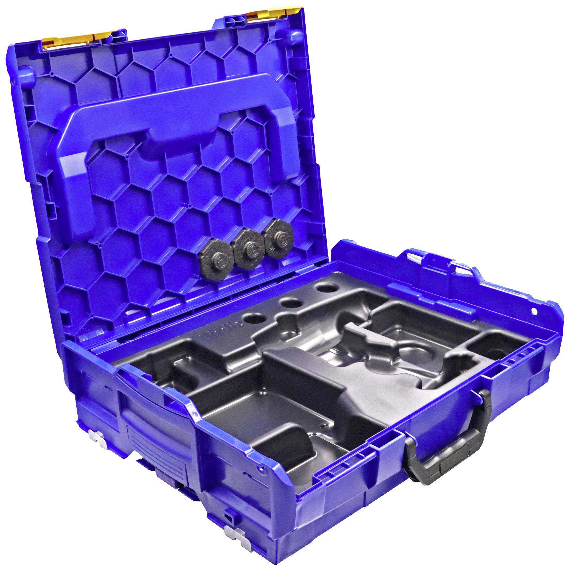 Otwarty, niebieski kufer na narzędzia z warstwą o strukturze plastra miodu w pokrywie oraz kilkoma przegrodami na różne narzędzia.