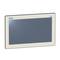 Ekran o kremowej ramce, wyprodukowany przez znane przedsiębiorstwo elektroniczne, wyświetla pustą czarną powierzchnię.