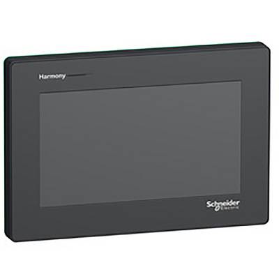 Czarny elektroniczny wyświetlacz z szarym ekranem, z napisem 'Harmony Schneider Electric' w lewym górnym rogu.