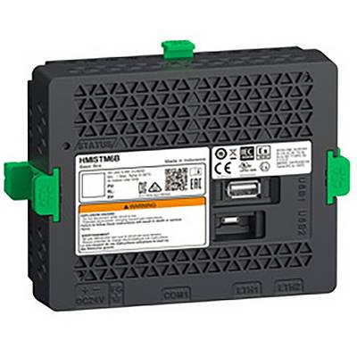 Czarne urządzenie elektroniczne z zielonymi klipsami i portami USB, etykieta z informacjami technicznymi i symbolami na przedniej stronie.