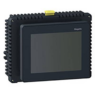 Czarny elektroniczny ekran z prążkowaną krawędzią i żółtym przełącznikiem na górze. Odpowiedni do zastosowań przemysłowych.