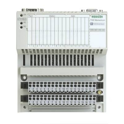 Modicon TSX Momentum sterownik PLC z widocznymi zaciskami przyłączeniowymi i polami oznaczenia do sterowania zastosowaniami przemysłowymi.