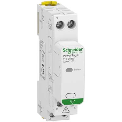 Biały wyłącznik elektryczny firmy Schneider Electric z napisem 'PowerTag C' oraz '2DI 230V'. Posiada symbol statusu WLAN.