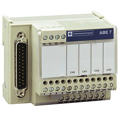 Beżowy moduł elektryczny z wieloma punktami przyłączeniowymi, oznaczony nazwą 'Telemecanique ABE 7'.