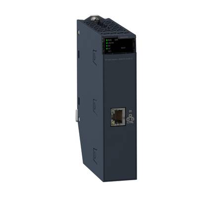 Przemysłowy moduł Ethernet w ciemnym kolorze z wieloma złączami i diodami LED do wskazywania statusu; przeznaczony do stosowania w sieciach przemysłowych.