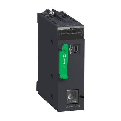 Komponenty przemysłowe: Czarna jednostka sterująca z zielonym złączem USB, oznaczona jako 'M340'. Wyposażona w porty szeregowe i Ethernet.