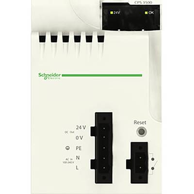 Urządzenie rozdzielni elektrycznej z logo Schneider Electric. Wyświetla wskaźniki statusu '24V OK' oraz złącza z oznaczeniami '24V', '0V', 'L', 'N', 'PE'.