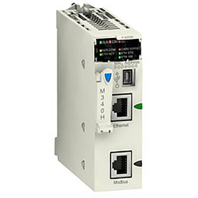 Biały moduł elektroniczny z interfejsami Ethernet i Modbus, z diodami LED na górze. Jest stosowany w sieciach przemysłowych.