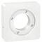 Biała, kwadratowa metalowa część z okrągłym otworem pośrodku oraz czterema mniejszymi otworami w narożnikach kwadratu.