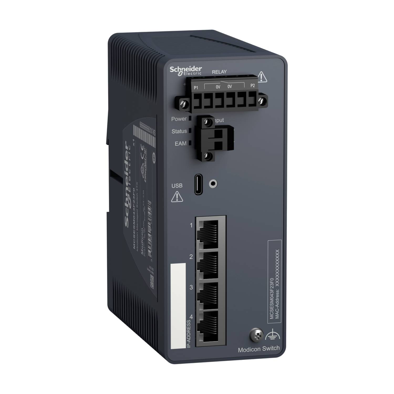 Przełącznik Schneider Electric Modicon z wieloma złączami sieciowymi, złączem USB i wskaźnikami statusu, przeznaczony do automatyzacji przemysłowej.
