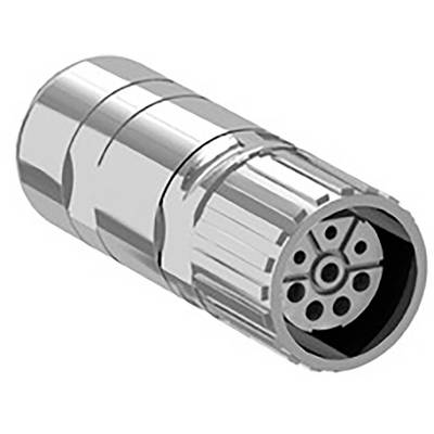 Metalowy wtyk z wieloma pinami, prawdopodobnie przeznaczony do połączeń elektronicznych lub podłączenia kabli.