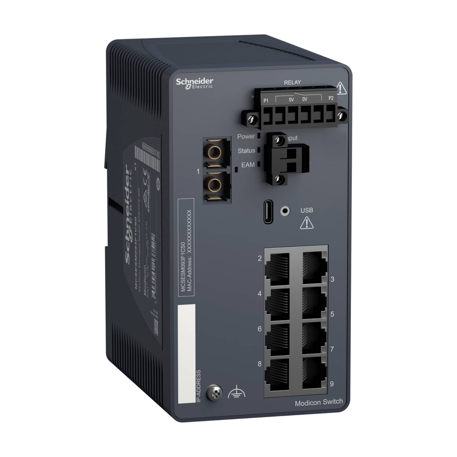 Czarny przełącznik Schneider Electric Modicon z pięcioma portami Ethernet i portem USB. Używany do połączeń sieciowych.