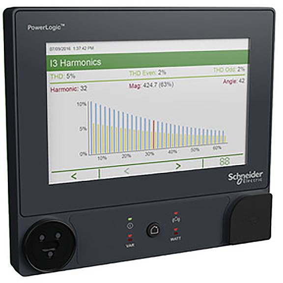Czarny monitor wyświetla wykres słupkowy harmonicznych I3 z wartościami dla 'Harmonic', 'Max' i 'Angle'. Marka: Schneider Electric.