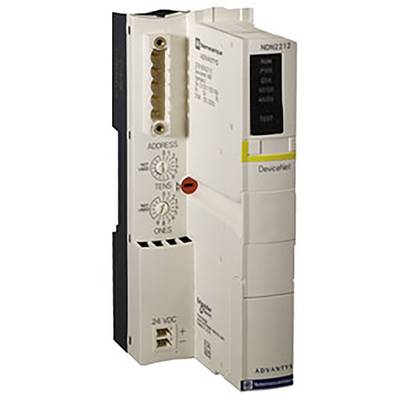 Białe urządzenie elektroniczne ze sterowaniem, posiadające opisy i pokrętła do ustawiania adresu. Wyświetla napięcie '24 VDC' oraz posiada złącze sieciowe.