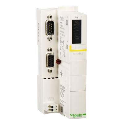 Białe urządzenie elektroniczne z wieloma portami i wyświetlaczem cyfrowym, wyprodukowane przez Schneider Electric.