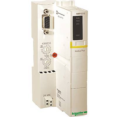 Białe moduł komunikacyjny Modbus Plus firmy Schneider Electric z złączem interfejsu, przełącznikami adresów i diodami LED do wskazywania stanu.
