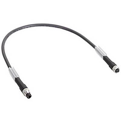 Czarny kabel z dwoma wtyczkami na końcach, prawdopodobnie kabel transmisji danych lub połączeniowy, na białym tle.