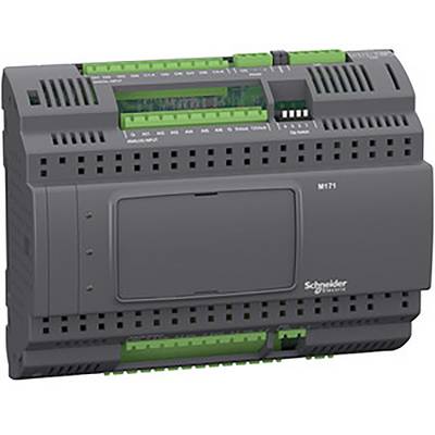 Szara elektryczna szafa sterownicza firmy 'Schneider Electric', model M171, z zielonymi zaciskami przyłączeniowymi i otworami wentylacyjnymi u góry.
