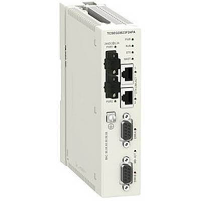 Budynek przemysłowy: Urządzenie elektroniczne z wieloma portami i wskaźnikami LED, służące do sterowania i łączenia w sieciach przemysłowych.