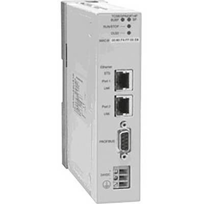 Białe urządzenie techniczne z wieloma złączami sieciowymi i portami, odpowiednie do komunikacji Ethernet i PROFIBUS.