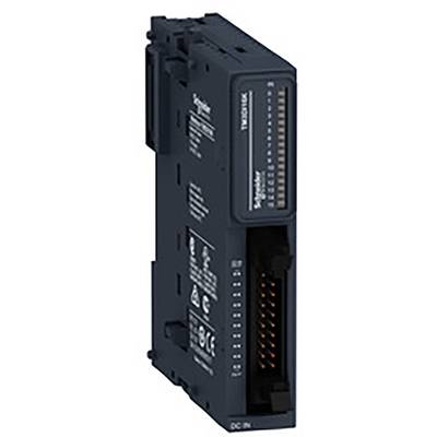 Czarny moduł elektroniczny z wieloma portami przyłączeniowymi z napisem 'Schneider Electric TM3DQ16R'.