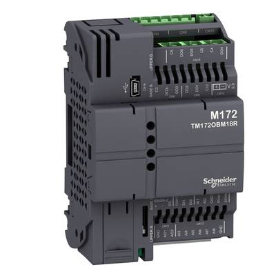 Czarny sterownik firmy Schneider Electric, model M172 TM172OBM18R, z podłączeniami i interfejsami po jednej stronie.